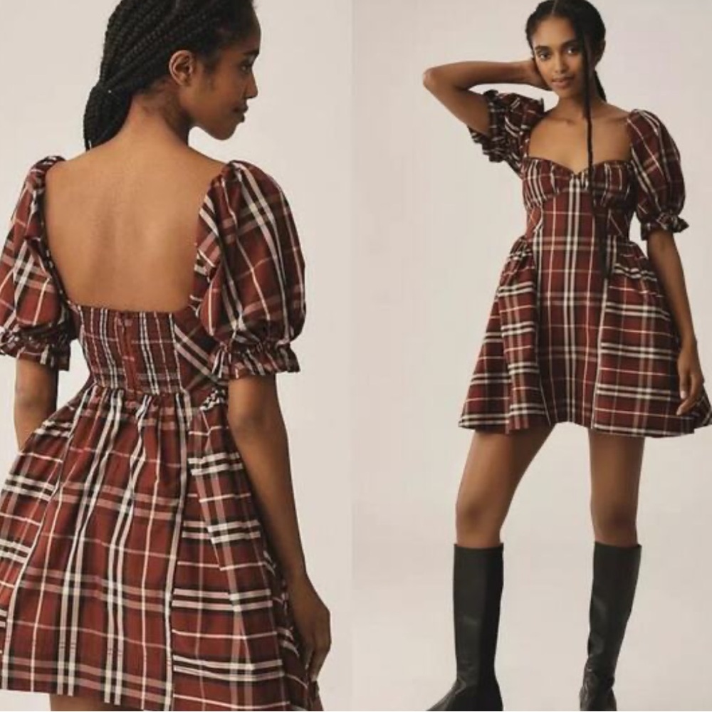 Anthropologie Maeve Maroon Plaid Tartan Mini Dress